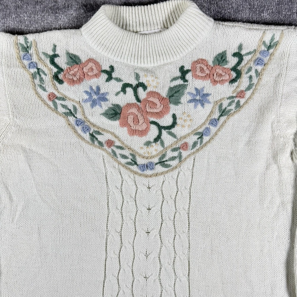 VTG Embroidered Floral Sweater Women's 1X White High Neck Cable Knit Cottagecore